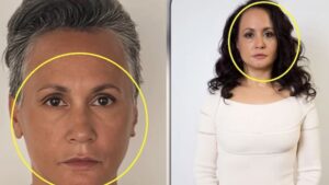 Portrait actuel de Tess Christian, la femme qui refuse de sourire, posant avec son expression neutre signature.