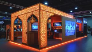 Vue grand angle de l'intérieur d'un hall d'exposition ultra-moderne au GITEX Africa à Marrakech, montrant des stands technologiques illuminés, des bannières colorées et une foule de visiteurs professionnels circulant dans les allées.