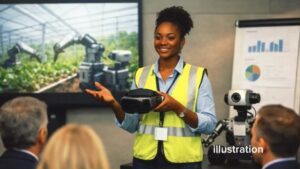 Jeune ingénieure africaine présentant un casque de réalité virtuelle et un prototype de robot agricole devant un groupe d’investisseurs lors d’une démonstration professionnelle.