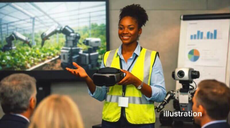 Jeune ingénieure africaine présentant un casque de réalité virtuelle et un prototype de robot agricole devant un groupe d’investisseurs lors d’une démonstration professionnelle.