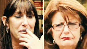 Montage photo montrant à gauche Debbie Stevens, en larmes, et à droite sa patronne Jackie Brucia avec un regard sévère et des lunettes.