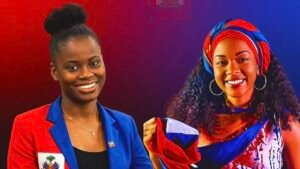 Portrait croisé d'Abigaelle Alexandre et Ariana, deux figures emblématiques de la réussite de la jeunesse haïtienne, rayonnantes sur un fond aux couleurs du drapeau national.