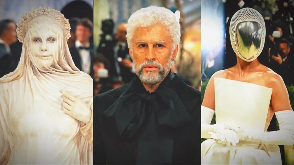Montage de trois célébrités au Met Gala 2026 illustrant le thème Fashion Is Art : à gauche, Heidi Klum en statue de marbre blanc ; au centre, Bad Bunny vieilli par des prothèses avec des cheveux blancs ; à droite, Katy Perry portant un masque d'escrime miroir dissimulant son visage.