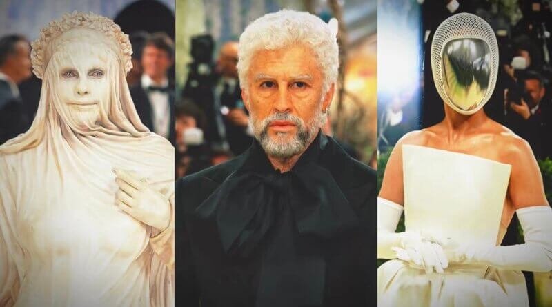 Montage de trois célébrités au Met Gala 2026 illustrant le thème Fashion Is Art : à gauche, Heidi Klum en statue de marbre blanc ; au centre, Bad Bunny vieilli par des prothèses avec des cheveux blancs ; à droite, Katy Perry portant un masque d'escrime miroir dissimulant son visage.